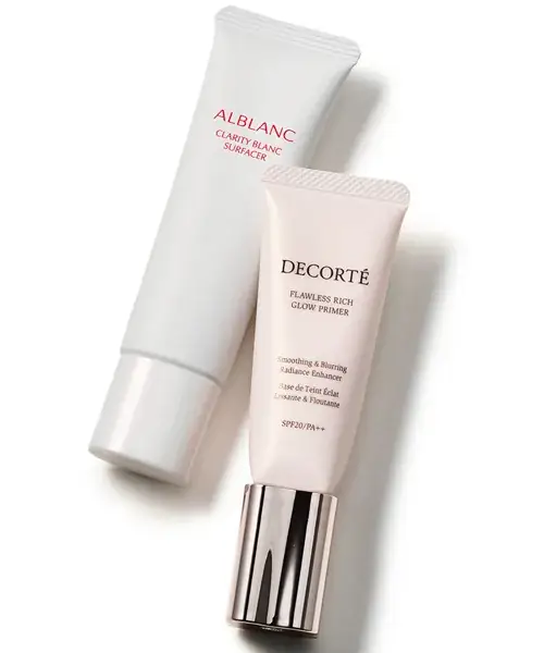 コスメデコルテ フローレススキン グロウライザー SPF20・PA++ 30g ￥4,950（写真：右）<br>花王 アルブラン クラリティブラン サーフェイサー SPF20・PA++ 全2色 35g ￥4,400（写真：左）